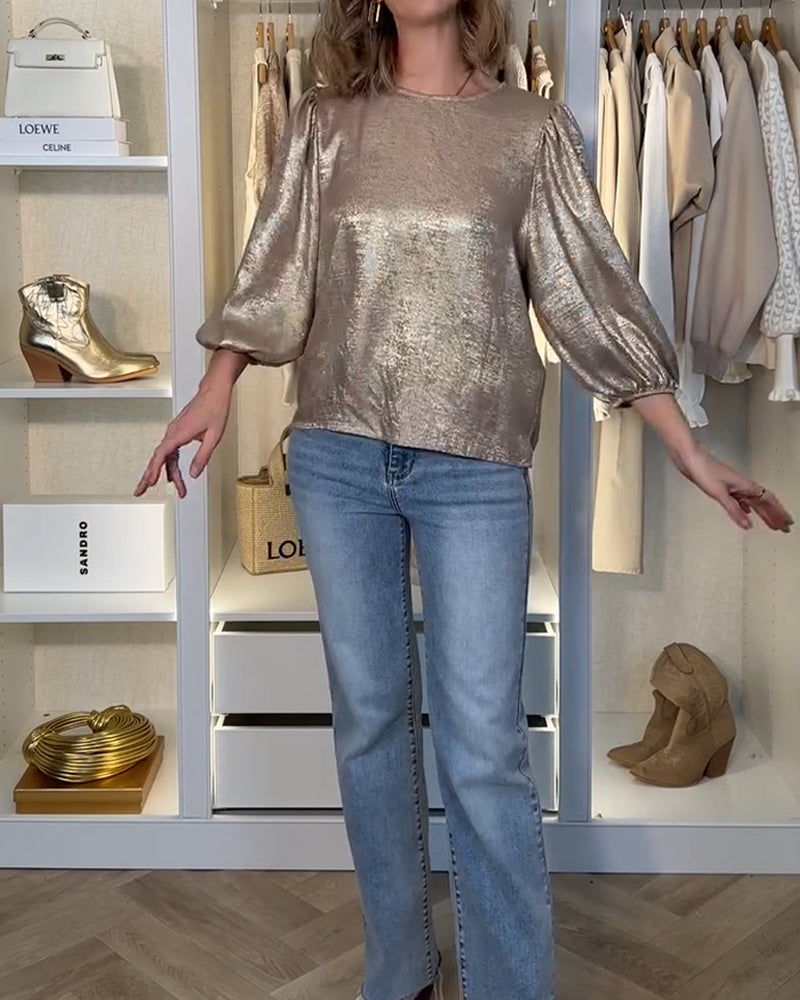 På Moten Bluse Med Puffermer Og Rund Halsring