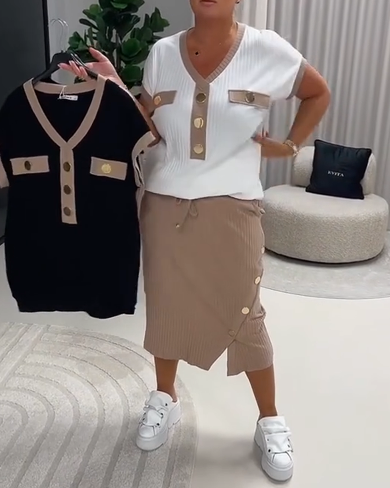 T-Skjorte V-Hals Mote Ribbet Knapp