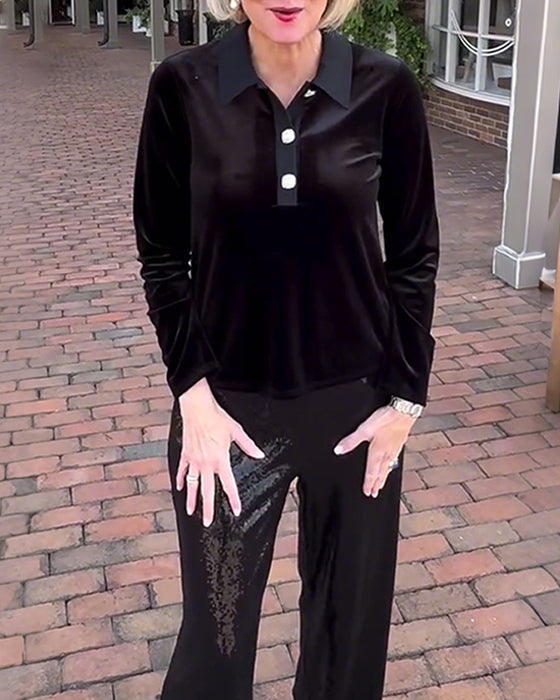 Elegant ensfarget langermet bluse i fløyel