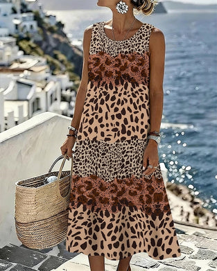 Kjole Fargeblokk Leopard Trykk Ermeløs Midi