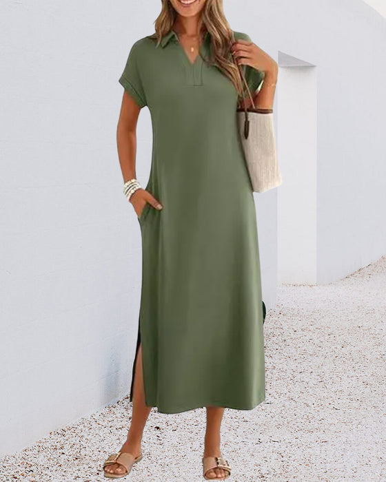 Kjole Polo Krage Spalte Drape Strikket