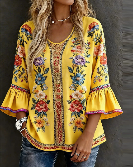 Bluse Rysje Utsvinget Erm Blomstret