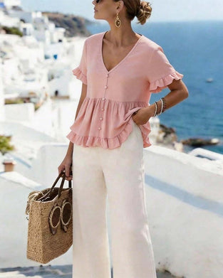 Bluse V-Hals Ruffle Perle Knapp