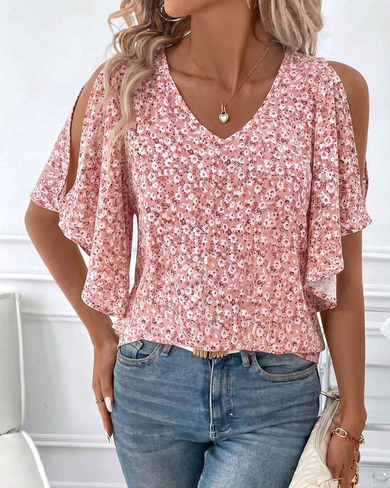 Bluse V-Hals Blomstrende Off-Shoulder Flutter Erme