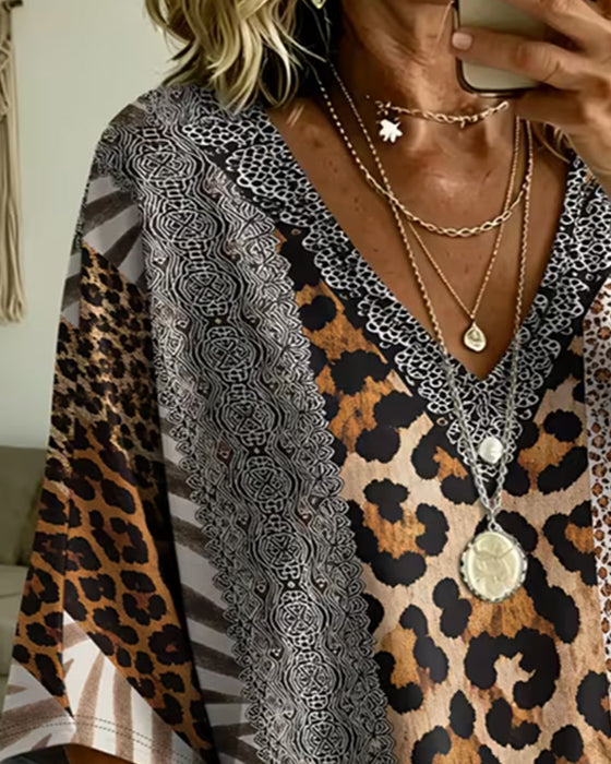 Topp Leopardmønster Patchwork V-Hals Avslappet