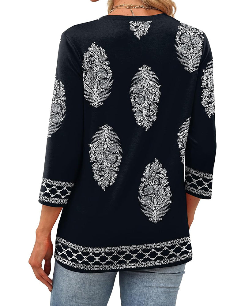 Topp Trykket Trekvart Erm Rund Hals