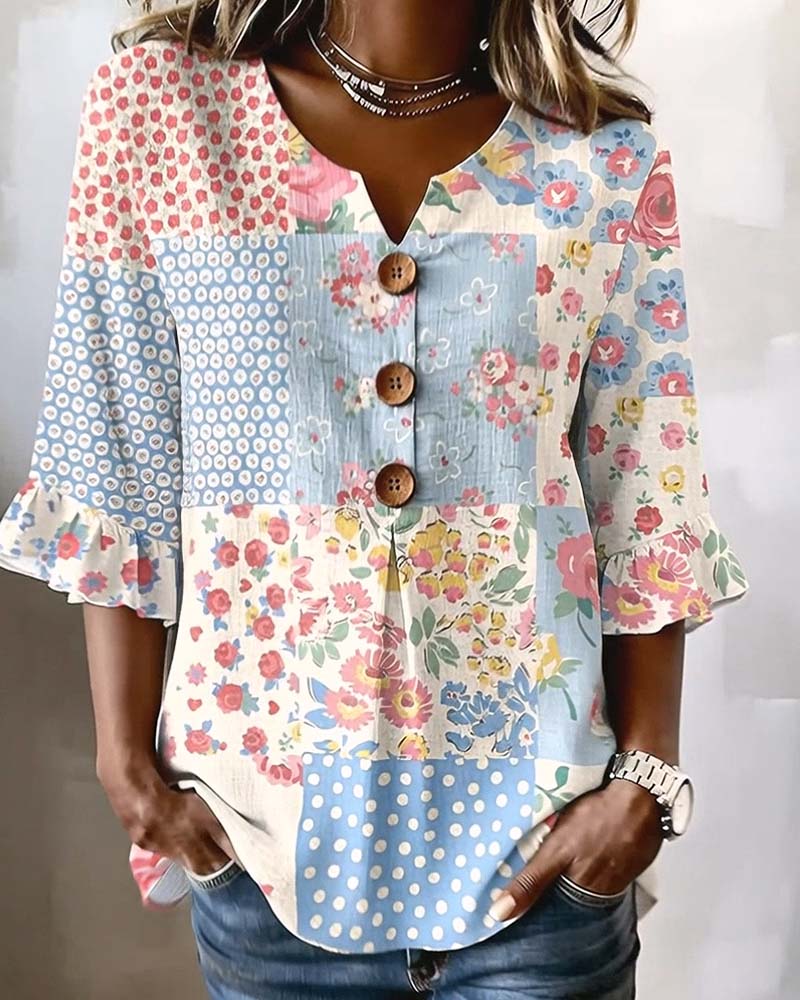 Bluse Kortermet Blomstermønster Lappeteppe