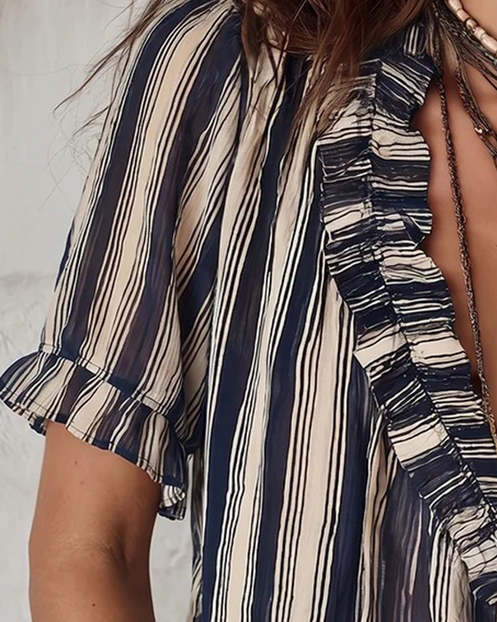 Bluse Stripet V-Utringning Rysjekrage