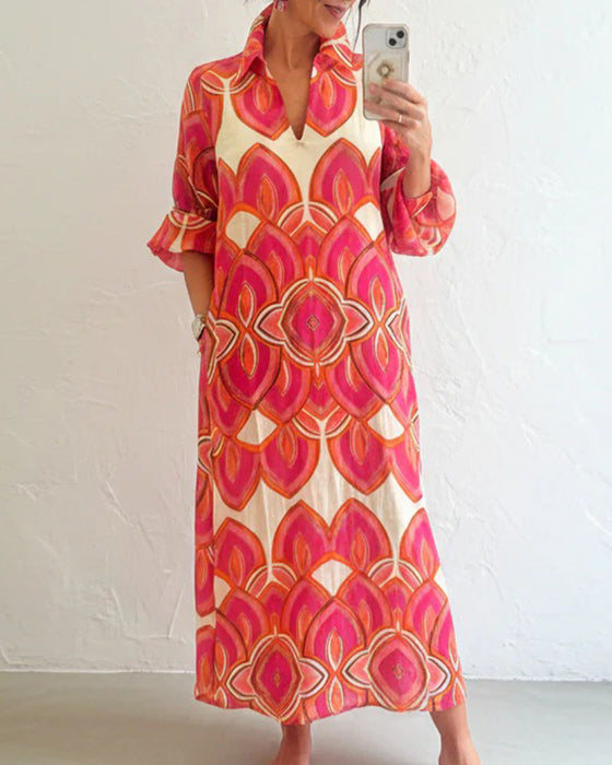 Kjole Elegant V-Hals Langermet Blomstret