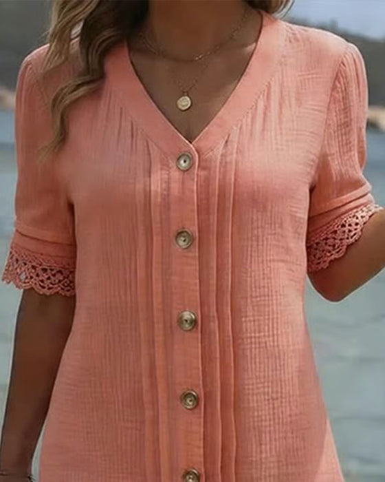 Kjole Plissert V-Hals Knapp Blonder Patchwork