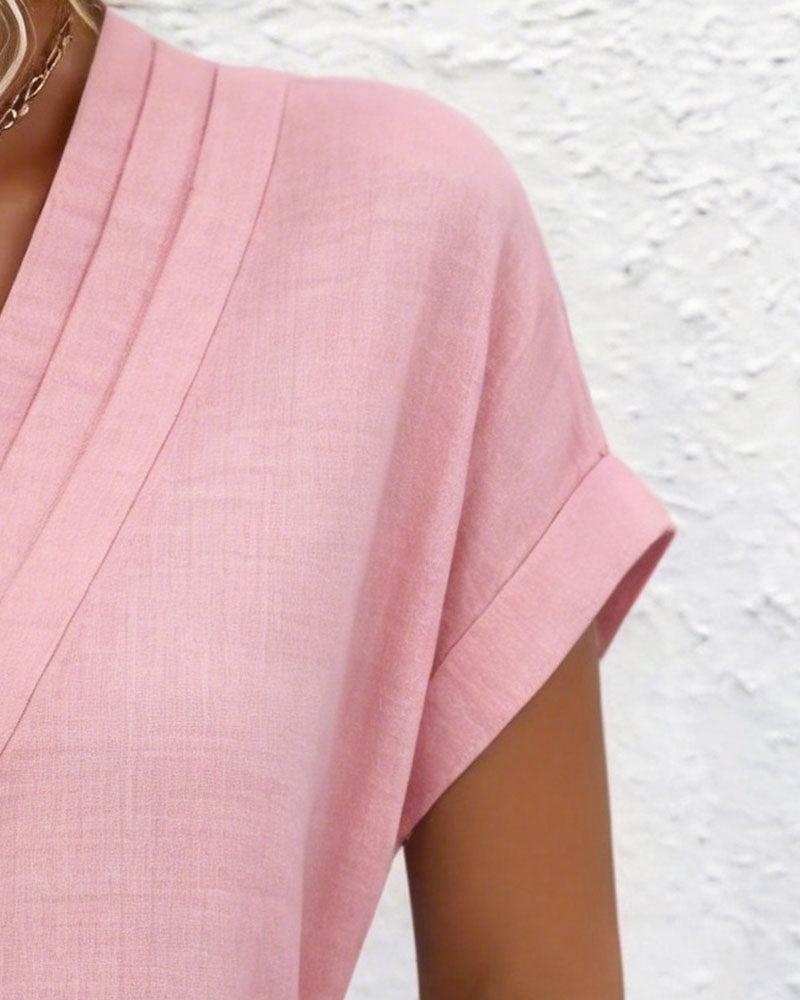 Kjole V-hals Kortermet Bomull Og Lin Rett