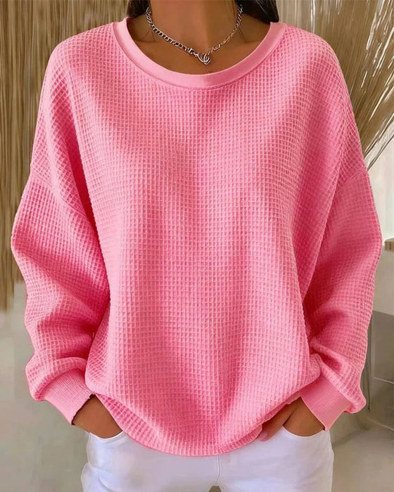 Sweatshirt Ensfarget Vaffeltekstur Pullover