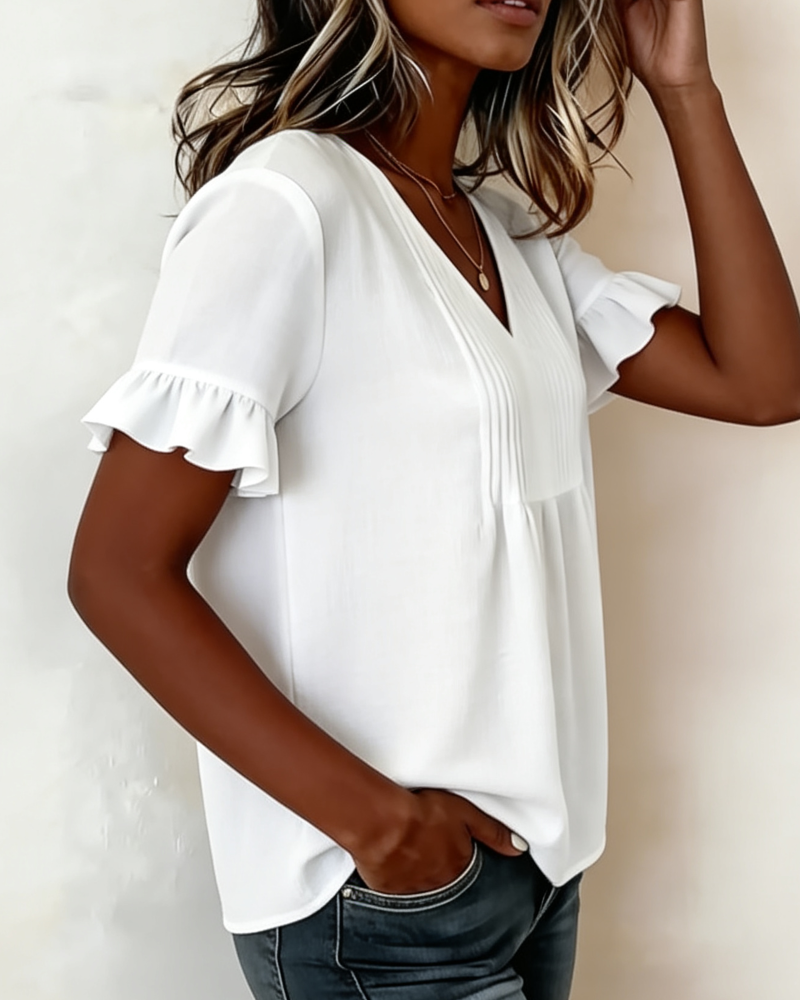 Bluse Rysje V-hals Kortermet