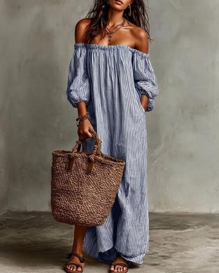 Kjole Løs Off-Shoulder Stripet