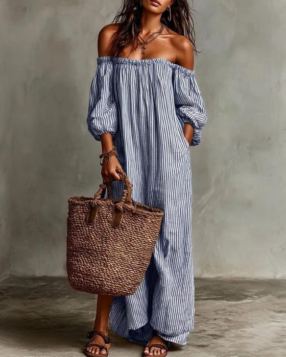 Kjole Løs Off-Shoulder Stripet