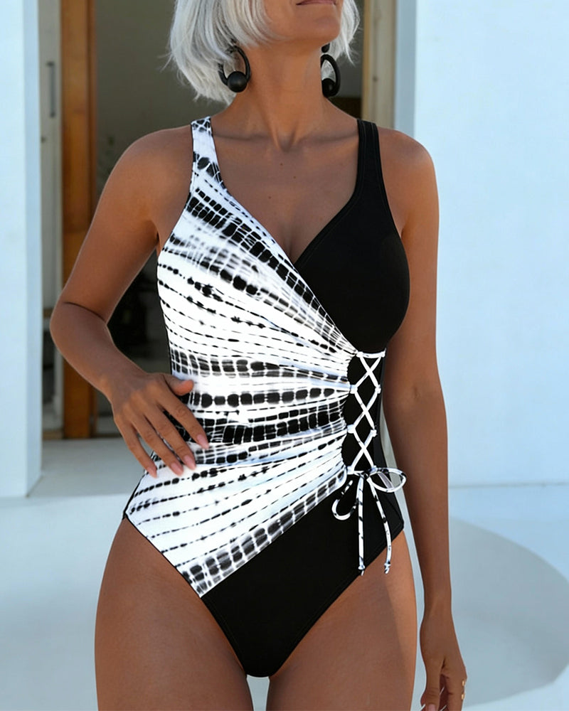 En-Delt Badedrakt Fargeblokk Prikket