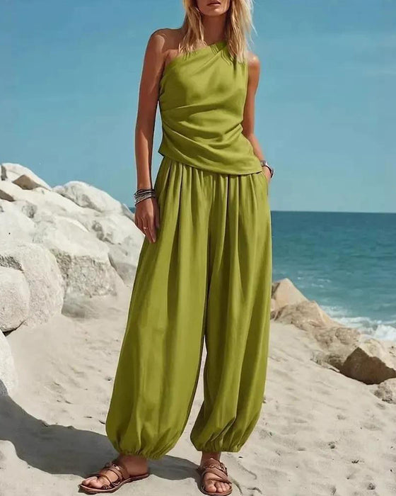Set Enskulder Tank Top Høy Midje Bukser