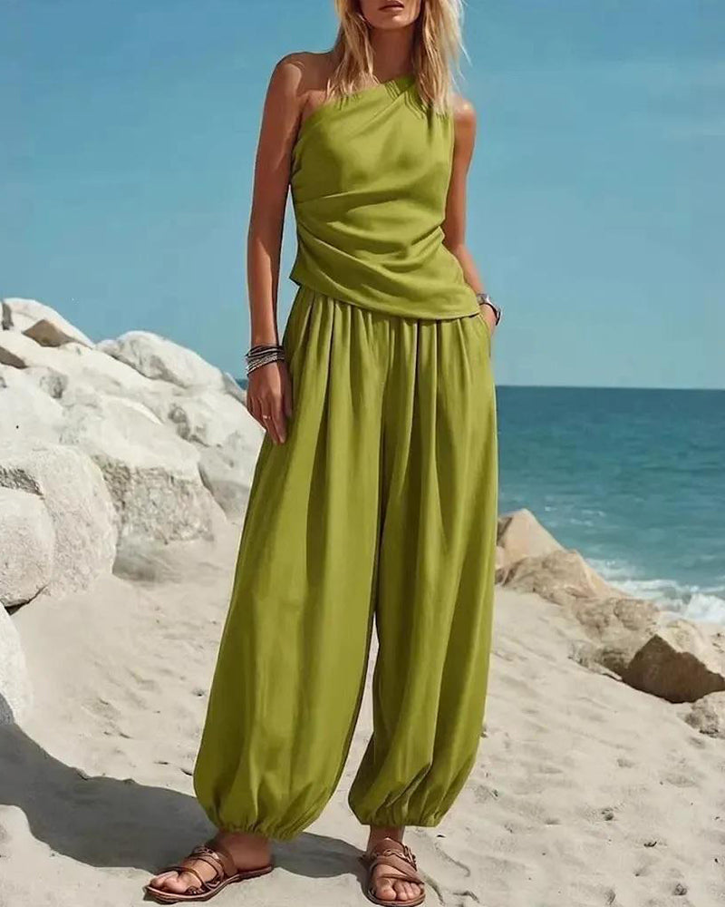 Set Enskulder Tank Top Høy Midje Bukser
