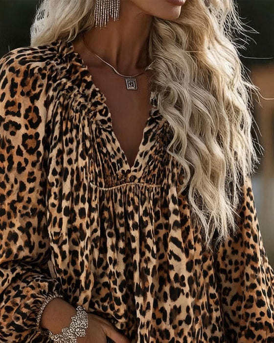 Bluse V-Hals Leopard Trykk Rynket Pufferme