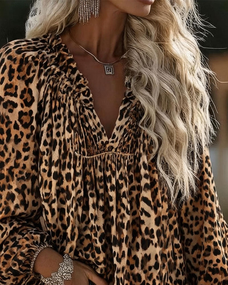Bluse V-Hals Leopard Trykk Rynket Pufferme