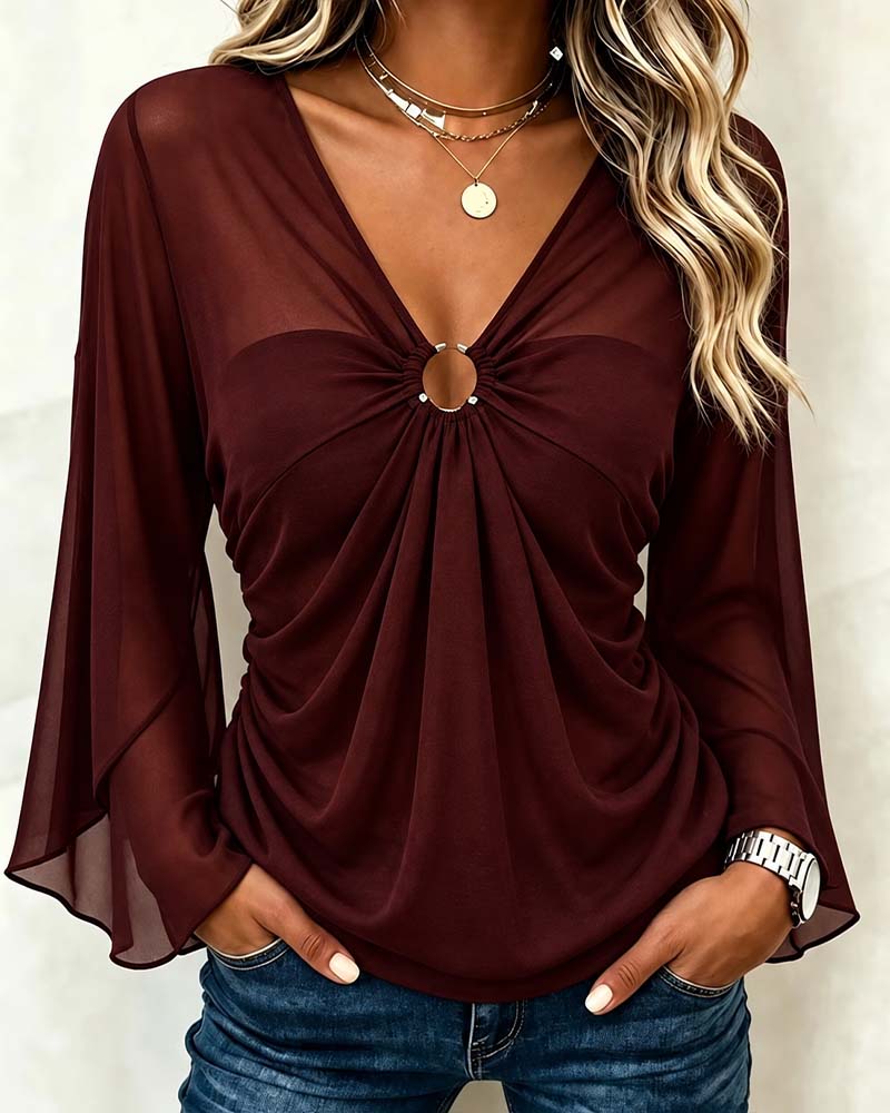 Bluse V-Hals Metall Ring Twist