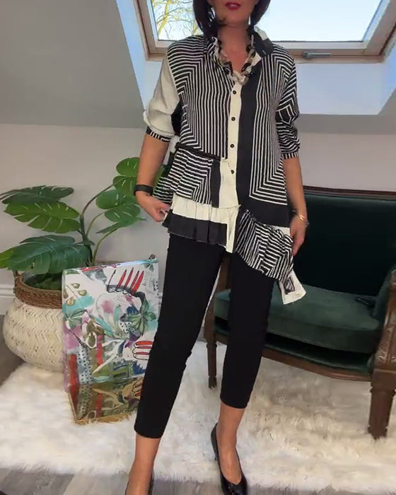 Uregelmessig patchworkskjorte med motetrykt knapp