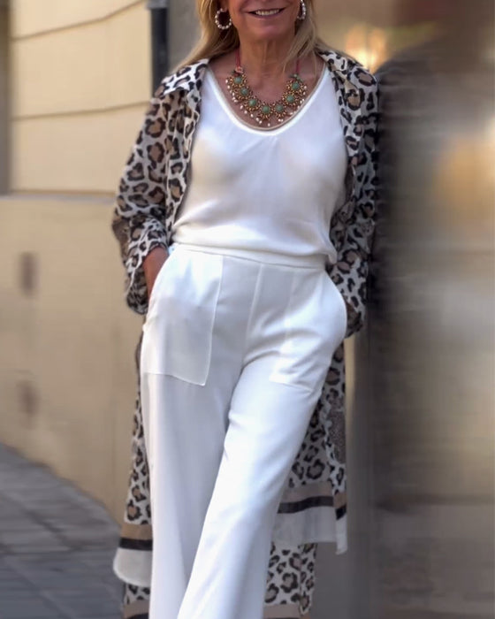 Leopard-print jakkeslag casual lang kåpe