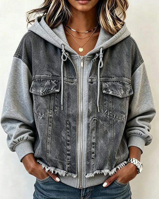 Kåpe Denim Lappverk Med Hette Sweatshirt