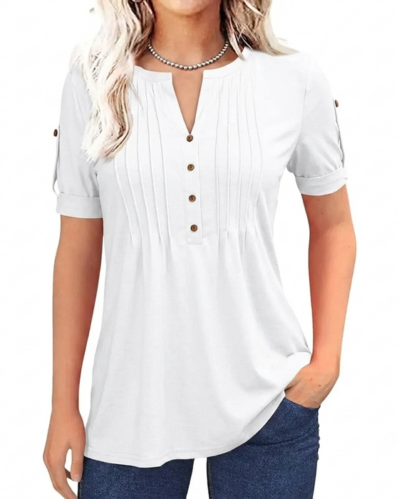 T-Shirt Plissert Henley Kort Erme