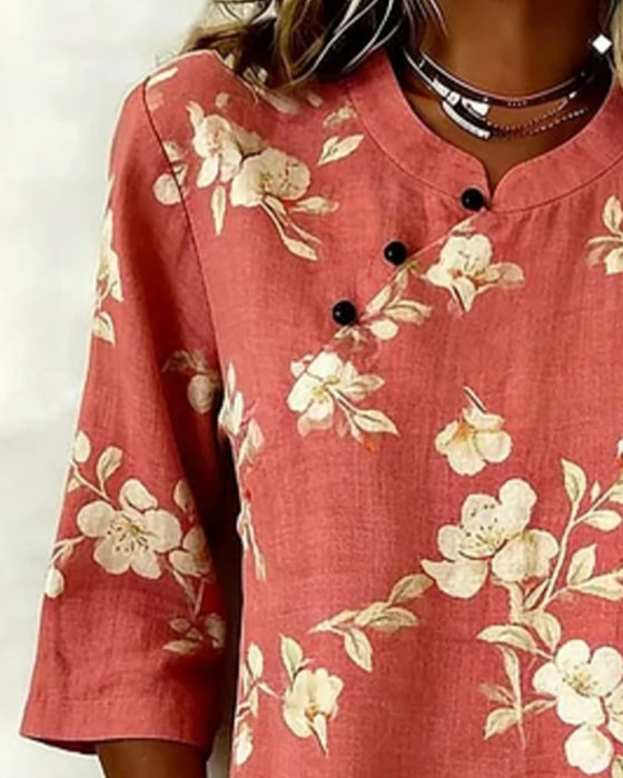Bluse Blomstertrykk Sideknapp 3/4-Erm