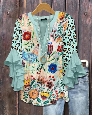 Bluse Leopard Blomstret Trykk Rysjeerme