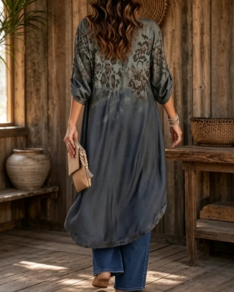 Bluse Rund Hals Leopard Trykk Gradert Asymmetrisk