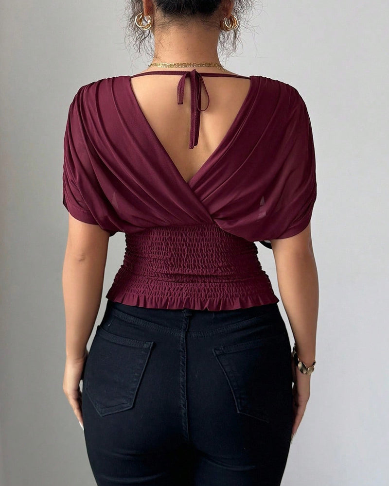 Bluse Solid Farge Dyp V-Hals Midje Kort Erme