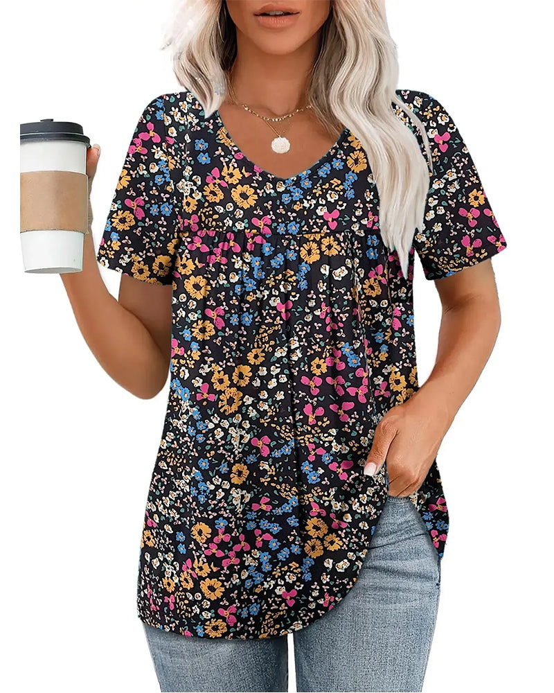 Bluse Blomstret V-Hals Kortermet
