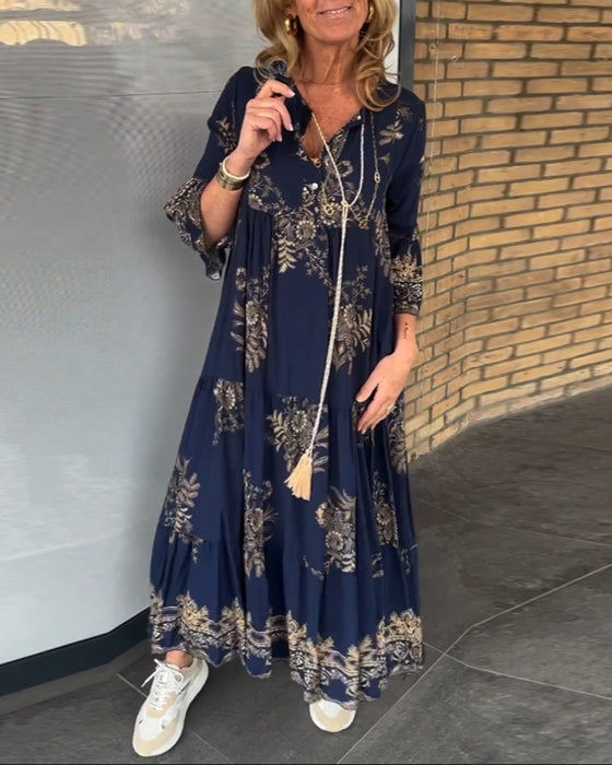 Løs vintagekjole med V-hals