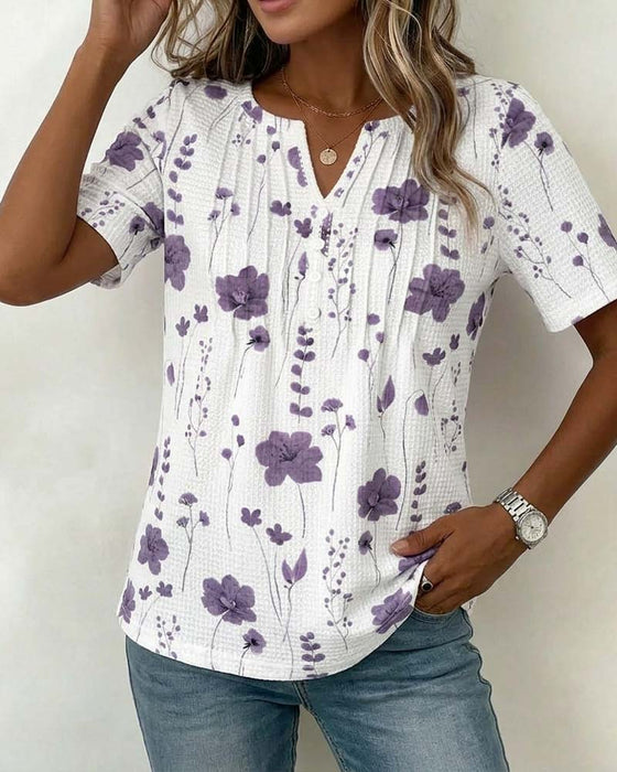 T-Shirt Vaffel V-Hals Blomstret