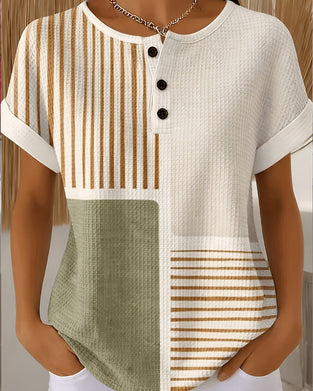 Bluse Med Rundhals, Knapper, Striper, Kontrastfarger