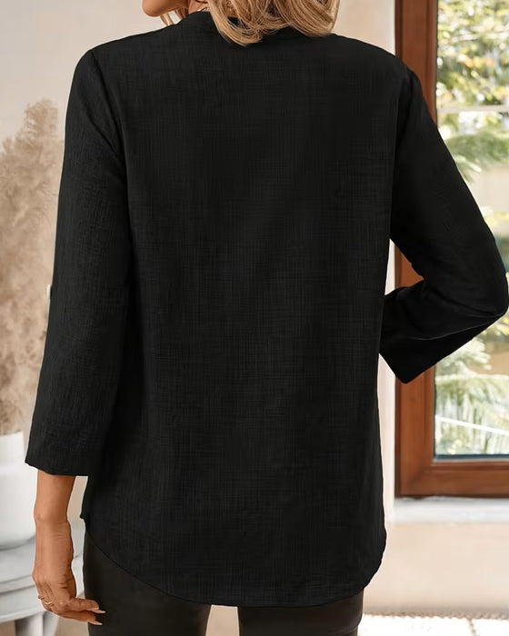 Bluse V-Hals Ensfarget Langermet Lomme