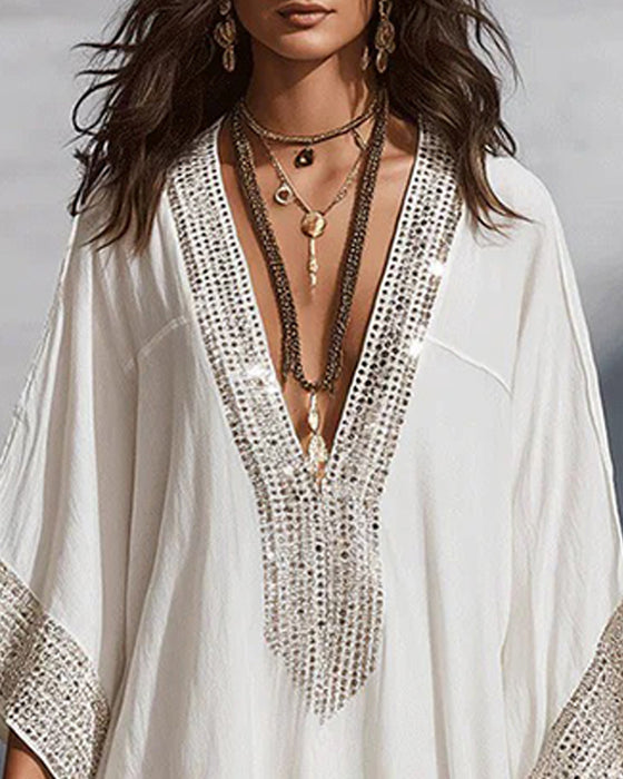 Kjole Dyp V-Utringning Ferie Mote Loose Fit
