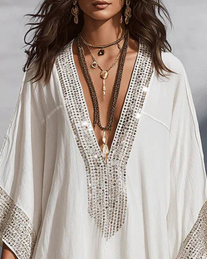 Kjole Dyp V-Utringning Ferie Mote Loose Fit