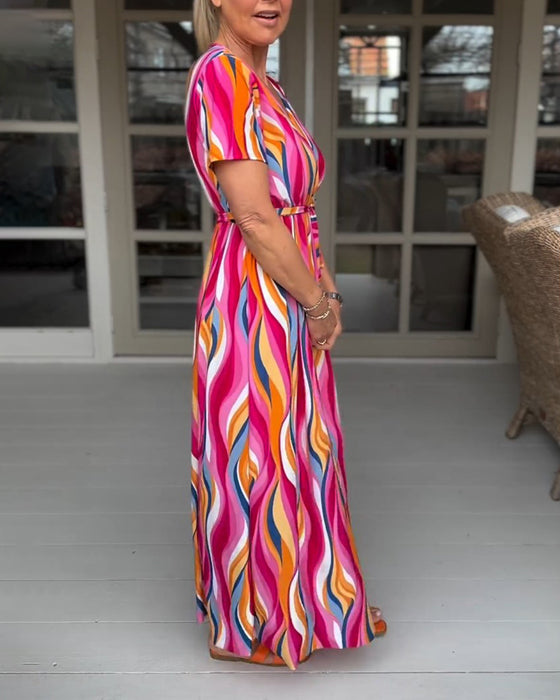 Fargerik, kortermet lang kjole med snøring