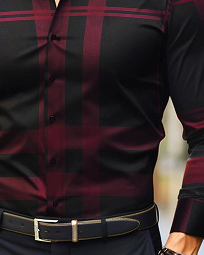 Skjorte Herre Rutet Trykk Langermet Knapping Skjorte