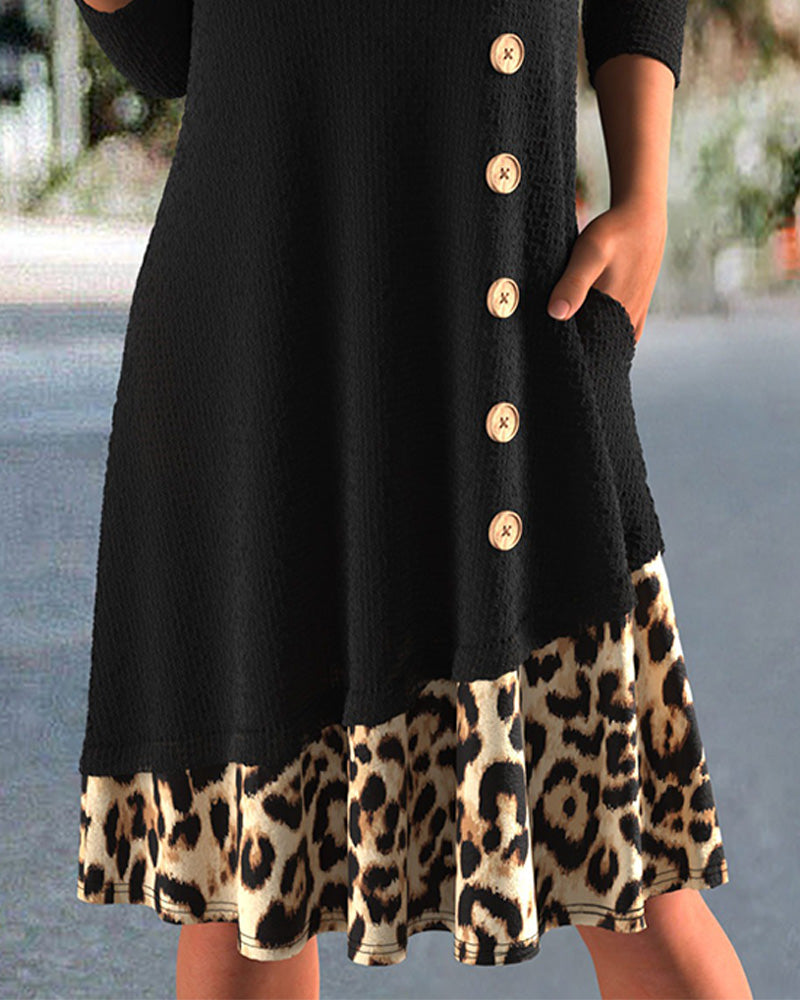 Kjole V-Hals Leopard Kors Patchwork