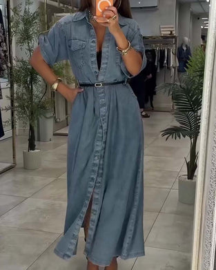 Kjole Skjorte Krage Lomme Knapp Denim