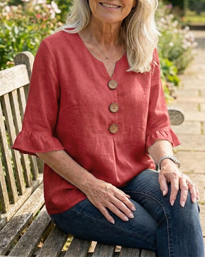 Bluser Ensfarget Bomull-Lin Treknapper Rysjer