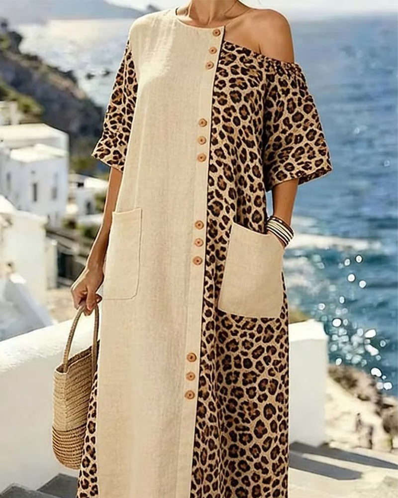 Kjole Leopard Print Fargeblokk Off-Shoulder