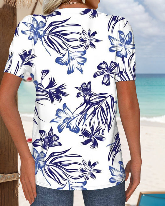 T-Skjorte Rund Hals Blomstertrykk Strikket