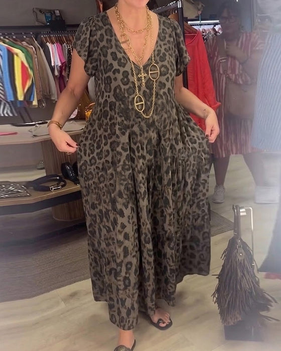 Kjole V-Hals Leopard Kort Erme