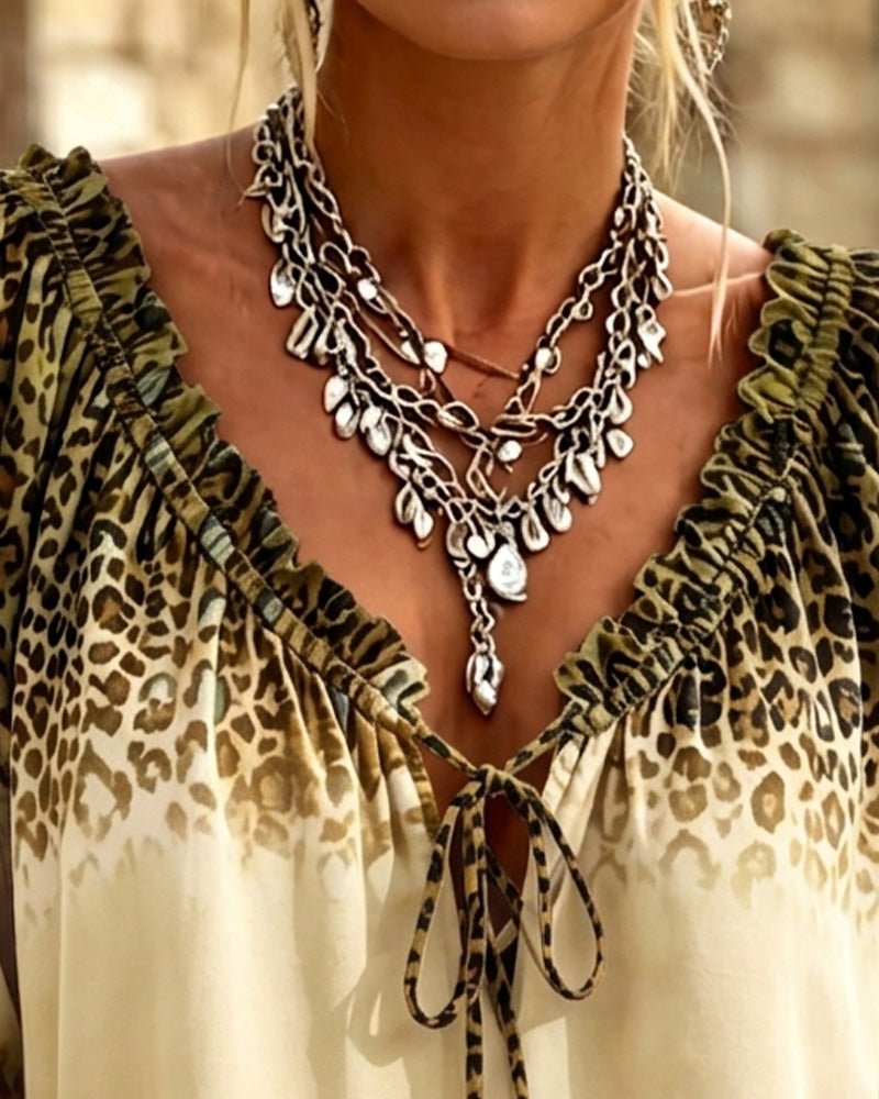 Bluse V-Hals Leopardmønster Snøring