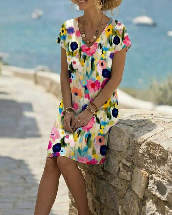 Kjole Oljemaling Blomstret Trykk Kortsermet